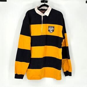 Vtg 90s Pure Playaz Men's Navy & Yellow Striped Long Sleeve Rugby Polo - XL